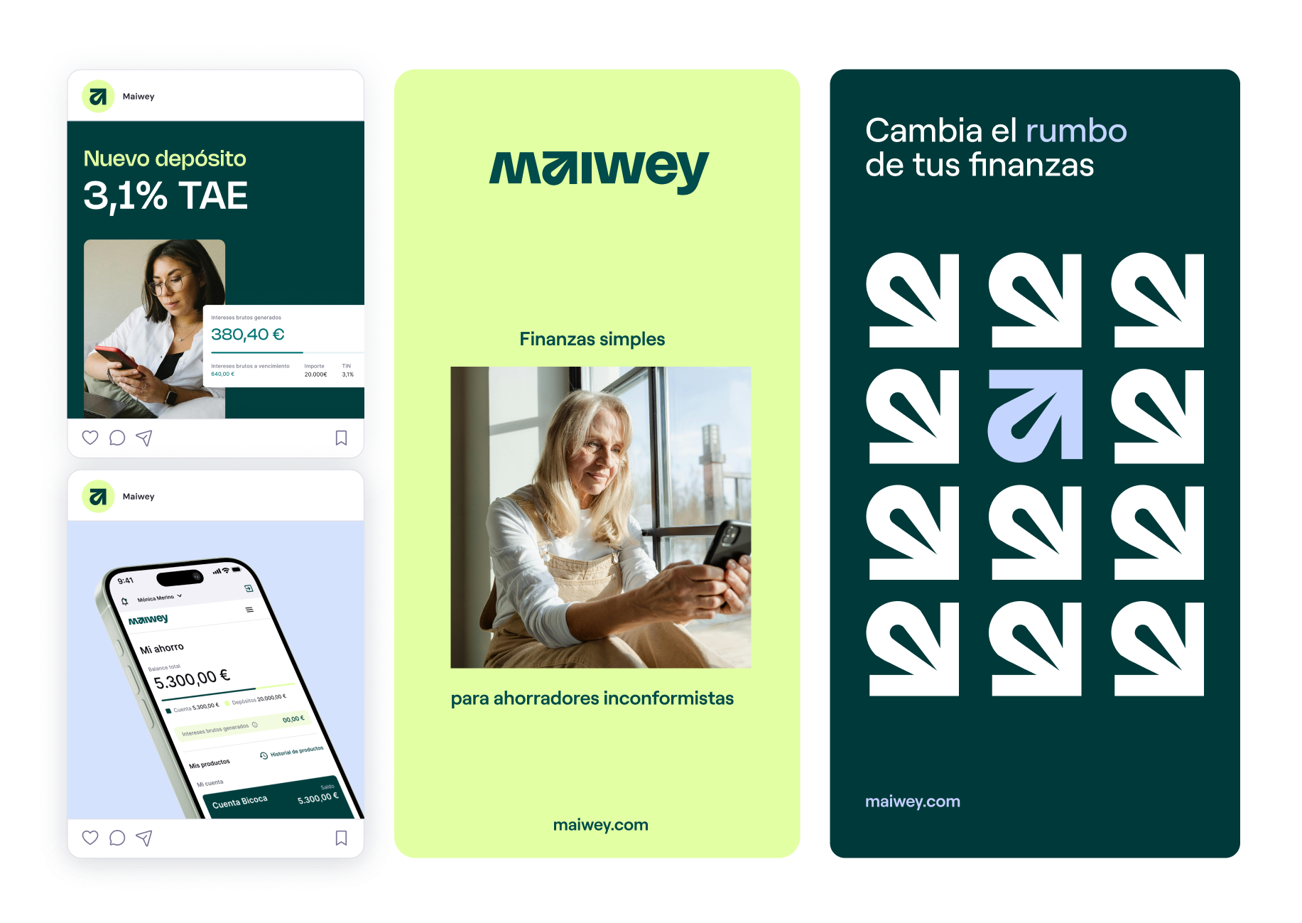 Maiwey brand identity - the arrow in the 'a' letterform, app icon, favicon, and brand mark at multiple sizes